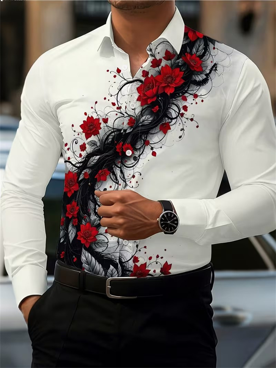 Men's Red Rose Print Long-Slee - Mens Fashion Clothes 评论和价格